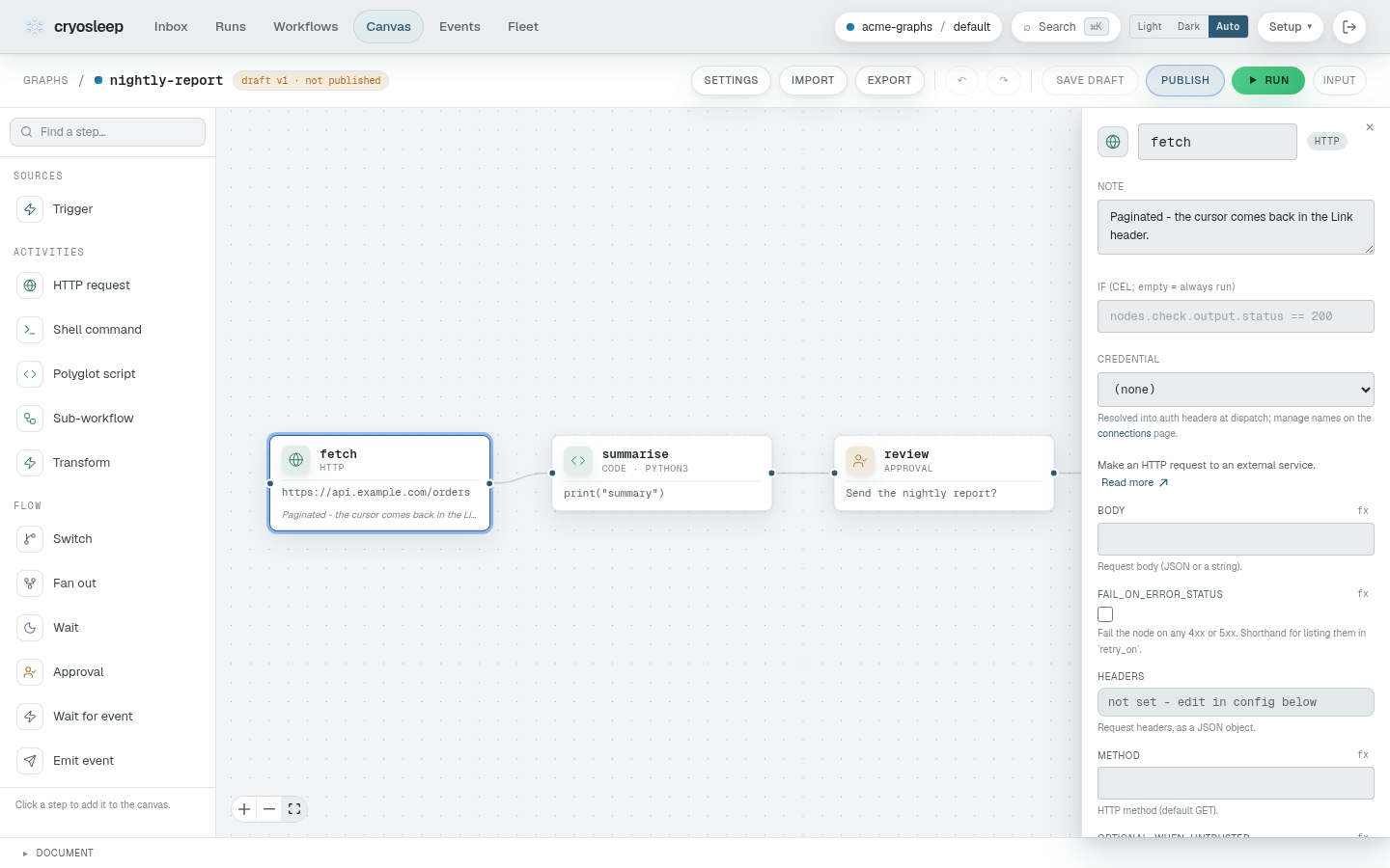 The canvas: a four-node graph, the node palette on the left, and the inspector for the selected node on the right.