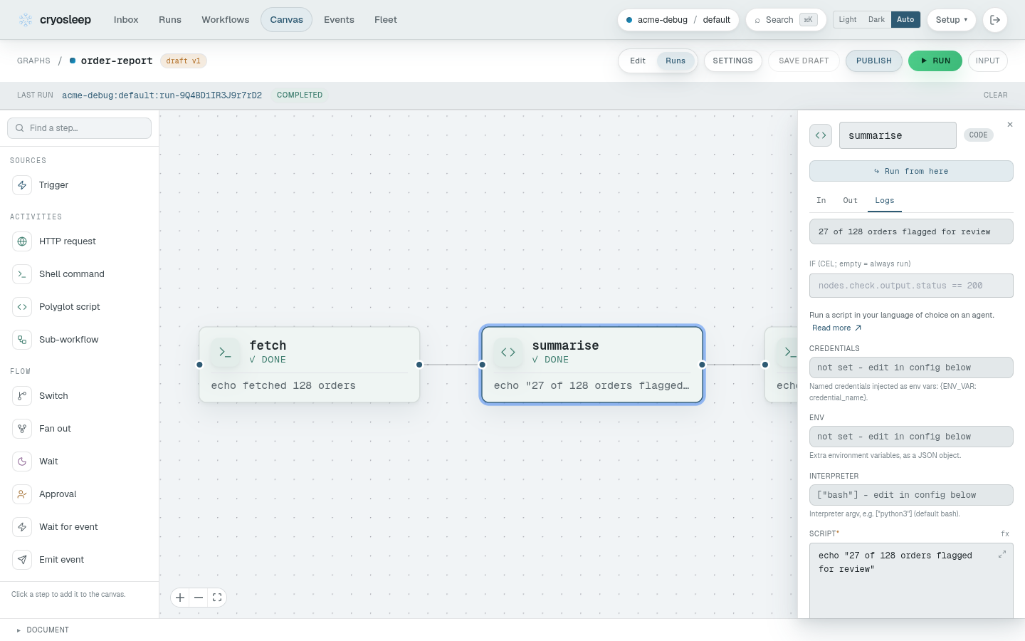 The same node's inspector switched to the Logs face, showing only that one node's captured output.