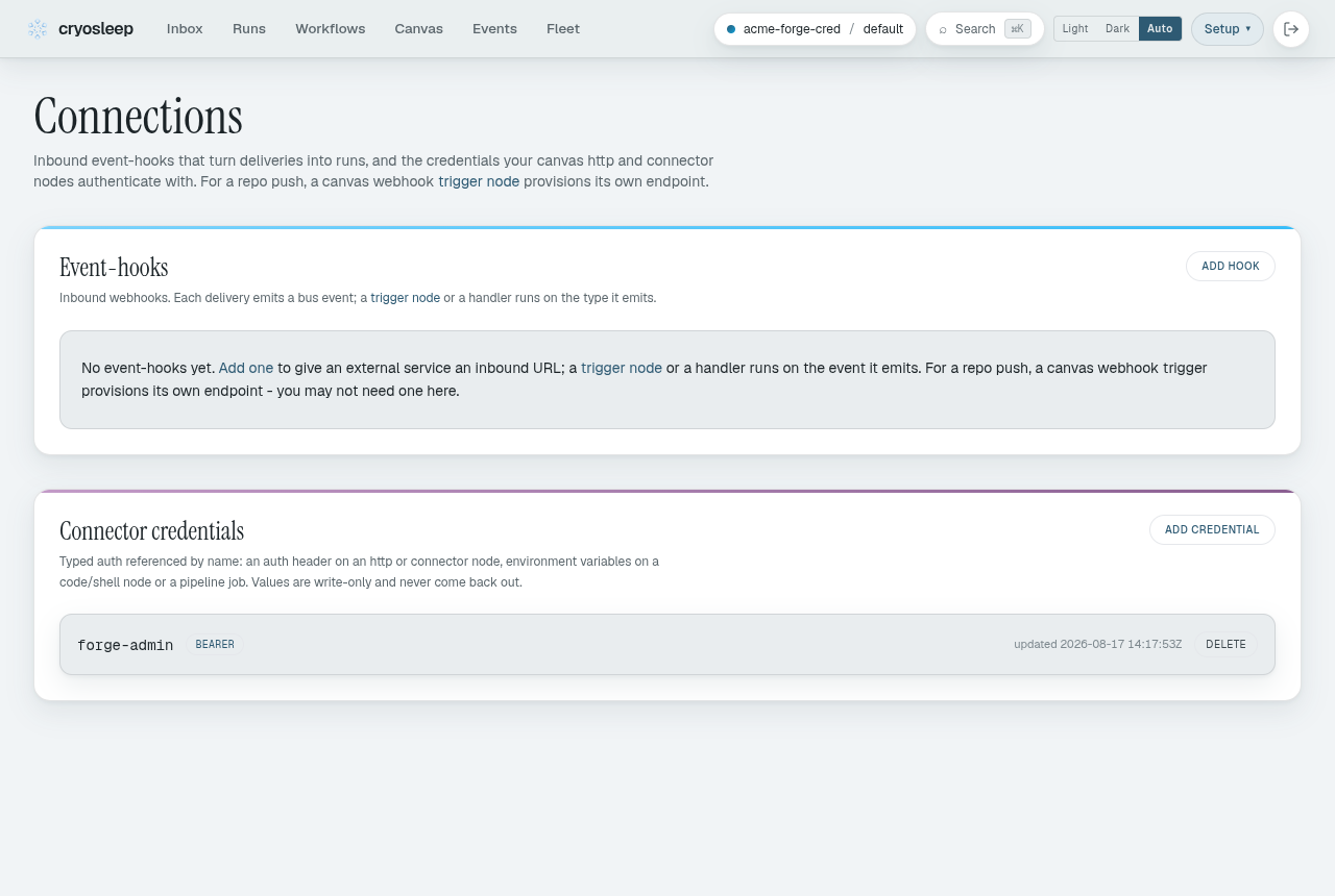 The connections page holding a bearer credential named forge-admin - the forge token Hyperspool uses to create the webhook on your behalf. Only its name and kind are shown; the token itself is never displayed again.