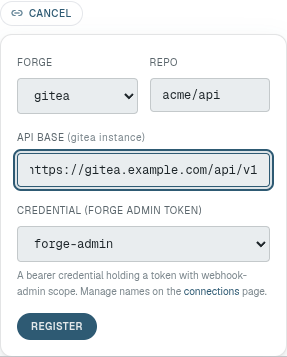 The same form with gitea selected: it now also asks for the instance API base, e.g. https://gitea.example.com/api/v1, which forgejo needs too and github does not.