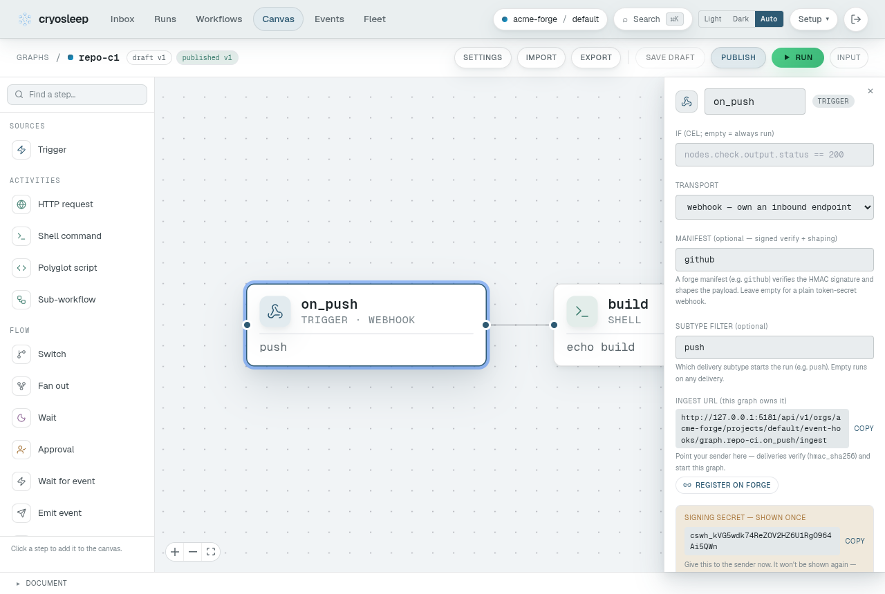 A published webhook trigger's inspector: the ingest URL a forge posts to, the signing secret shown once at publish, and the register on forge button that creates the hook for you.